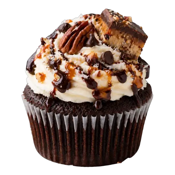 A chocolate cupcake with white frosting, topped with pecan halves, a piece of chocolate, chocolate chips, and drizzled with chocolate and caramel sauce—this layered dessert is inspired by the classic 7 Layer Bar.