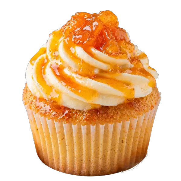 A vanilla cupcake topped with swirls of white frosting and drizzled with orange marmalade, set against a plain background.