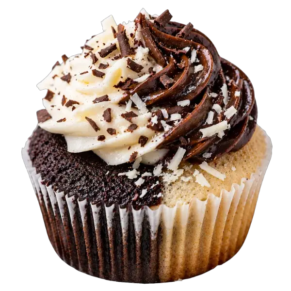 A Black N White cupcake featuring chocolate and vanilla cake, topped with swirled chocolate and vanilla frosting, and sprinkled with chocolate shavings.