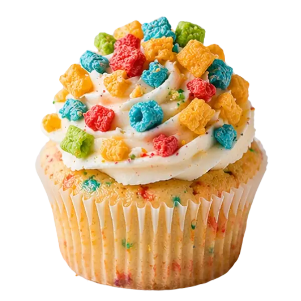A cupcake with colorful sprinkles baked in, topped with swirled white frosting and decorated with vibrant Cap'n Crunch cereal pieces for a playful breakfast cereal twist.