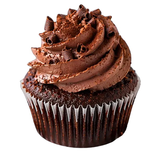 A chocolate cupcake with swirled chocolate frosting and chocolate shavings on top, in a white paper cupcake liner—a delightful chocolate dessert perfect for mousse recipe lovers.