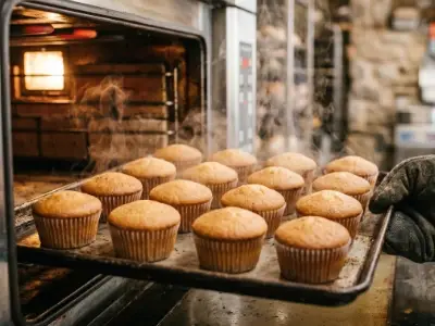 A gloved hand is removing a tray of freshly baked cupcakes from the oven. Steam rises from the golden-brown treats, as the warm oven light highlights these Cupcakes of the Week.