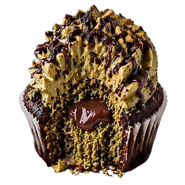 Dubai Chocolate A chocolate cupcake with green frosting, topped with chocolate drizzle and chocolate pieces, is cut in half to reveal a gooey Dubai Chocolate filling inside.
