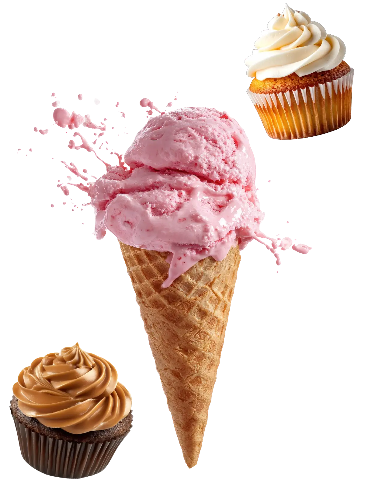 A pink ice cream cone with scoops splashing, surrounded by a chocolate cupcake with caramel frosting and a vanilla cupcake with white frosting, all on a white background.