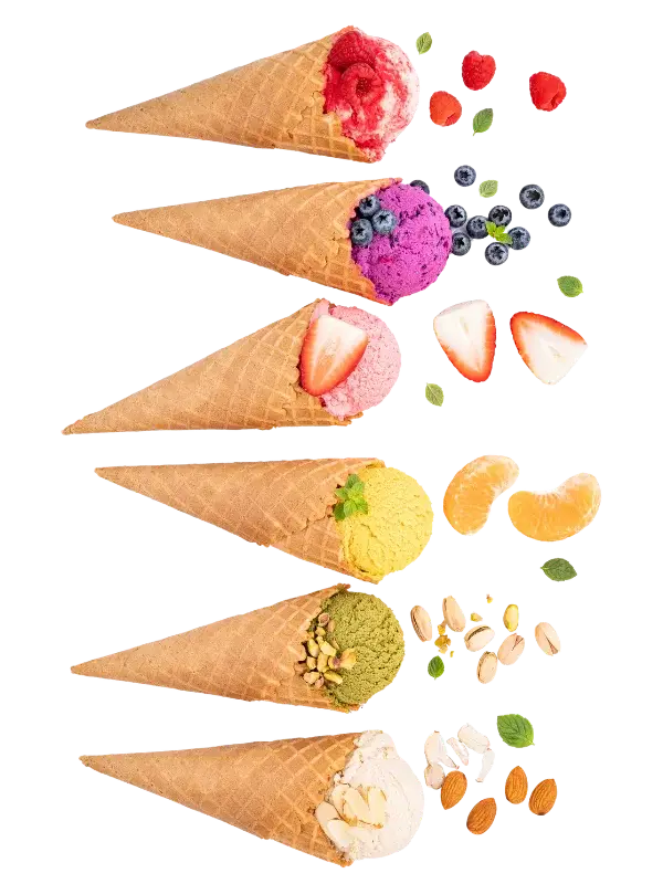 Five ice cream cones, each topped with different flavors and surrounded by their ingredients: raspberry, blueberry, strawberry, orange, pistachio, almond, and mint leaves, arranged vertically on a black background.