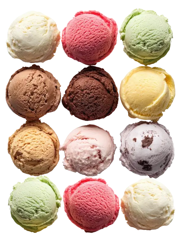 Twelve scoops of various ice cream flavors arranged in a 4x3 grid, featuring colors like pink, green, brown, yellow, and white, each representing a different flavor.