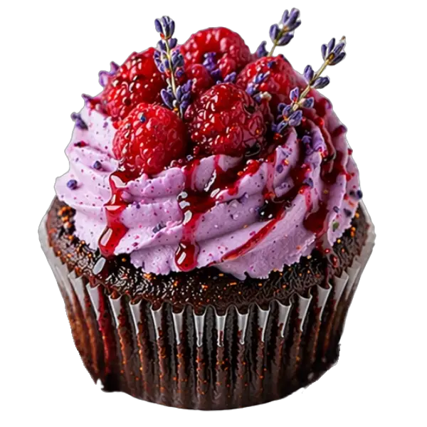 Chocolate cupcake with purple lavender frosting, topped with fresh raspberries, colorful sprinkles, lavender sprigs, and a drizzle of berry sauce.