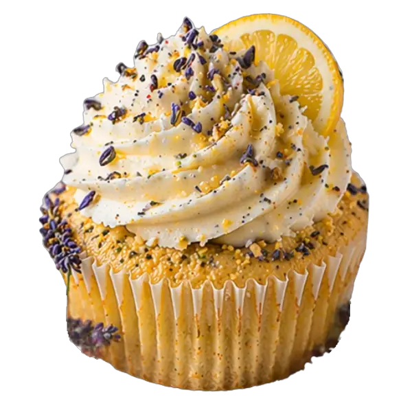Lemon Lavender A lemon cupcake topped with swirled white frosting, sprinkled with purple and yellow bits, garnished with a lemon slice and delicate lavender flowers, in a crisp white paper liner.
