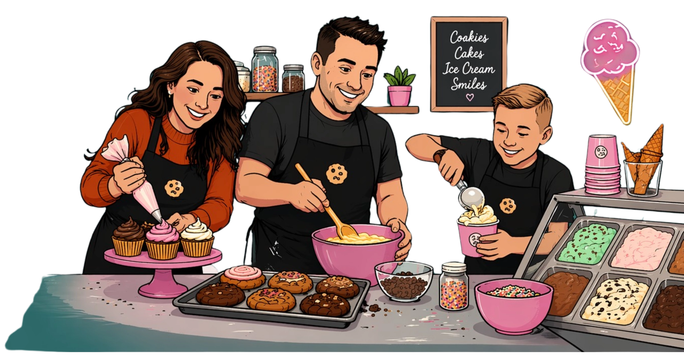 Three people in aprons bake and decorate cupcakes and cookies at a counter. An ice cream display case with colorful scoops is nearby. A chalkboard menu and jars of toppings are visible in the background.