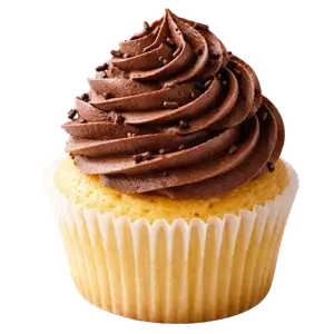 A yellow old school vanilla cupcake in a white paper liner, topped with a generous swirl of chocolate frosting and sprinkled with small chocolate pieces, set against a plain background.